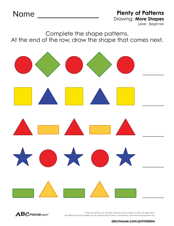 Pre-K worksheet where children draw the next geometric figure to finish a pattern