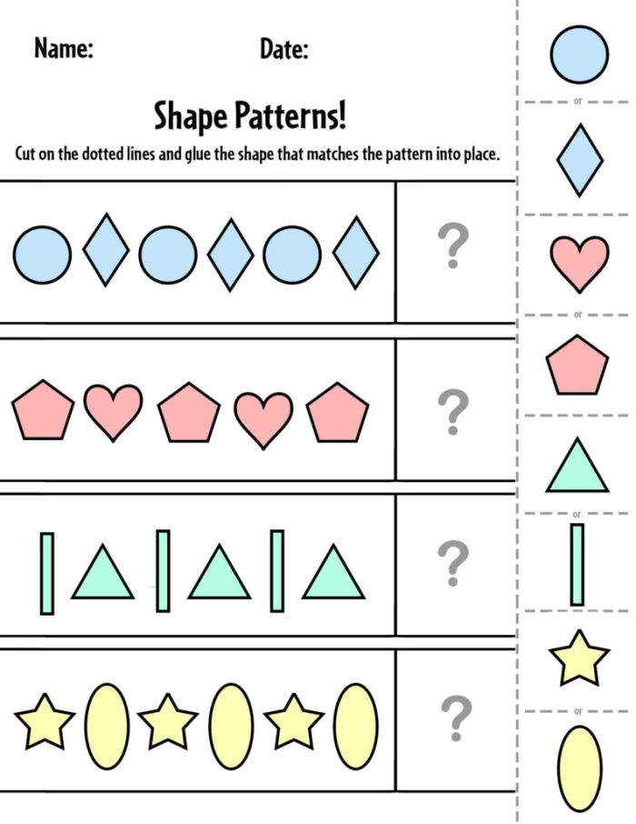 Colorful worksheet for Pre-K children to complete shape patterns with fractions