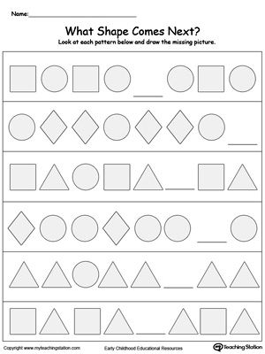 Colorful worksheet showing children completing shape patterns with drawings