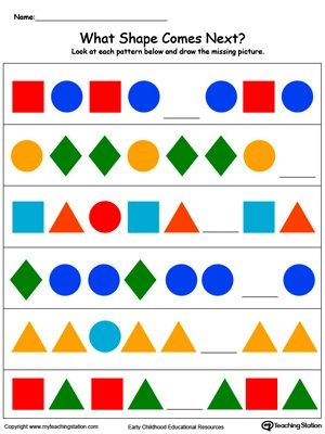 Pre-K student completing geometric shape patterns on a colorful worksheet