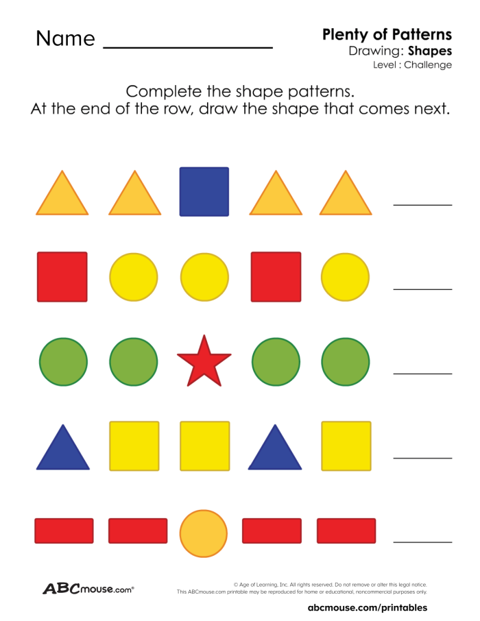 Pre-K students identifying and drawing the missing shape to complete the pattern in this geometry exercise