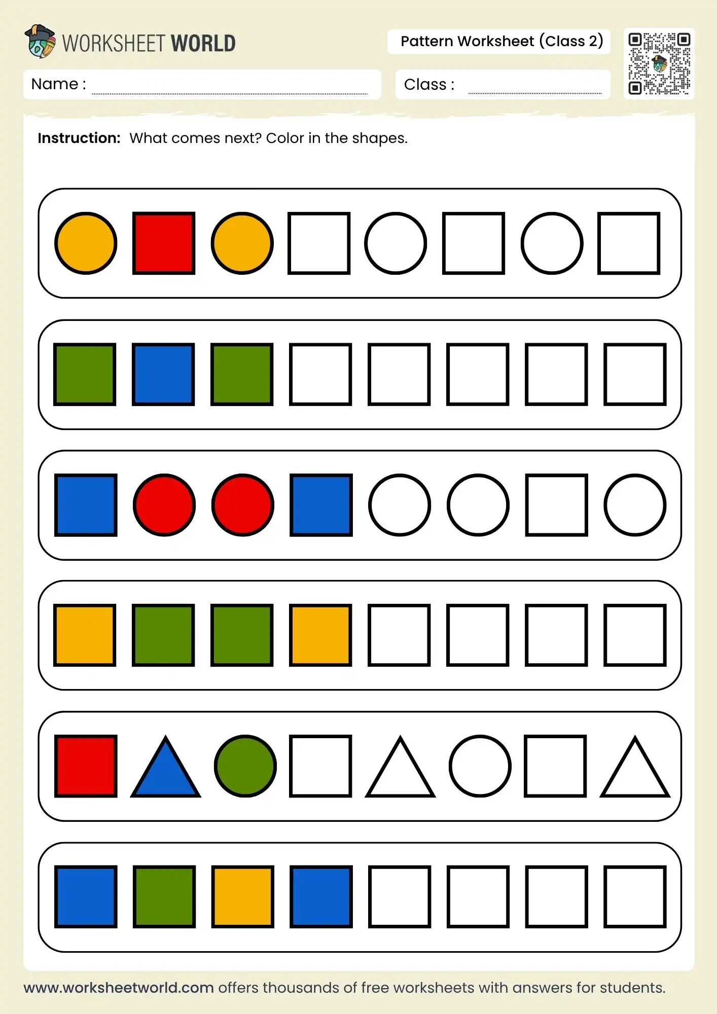 Colorful geometry worksheet for Pre-K children to complete shape patterns by drawing the next shape. Complete the Shape Patterns worksheet for young learners focusing on fractions.