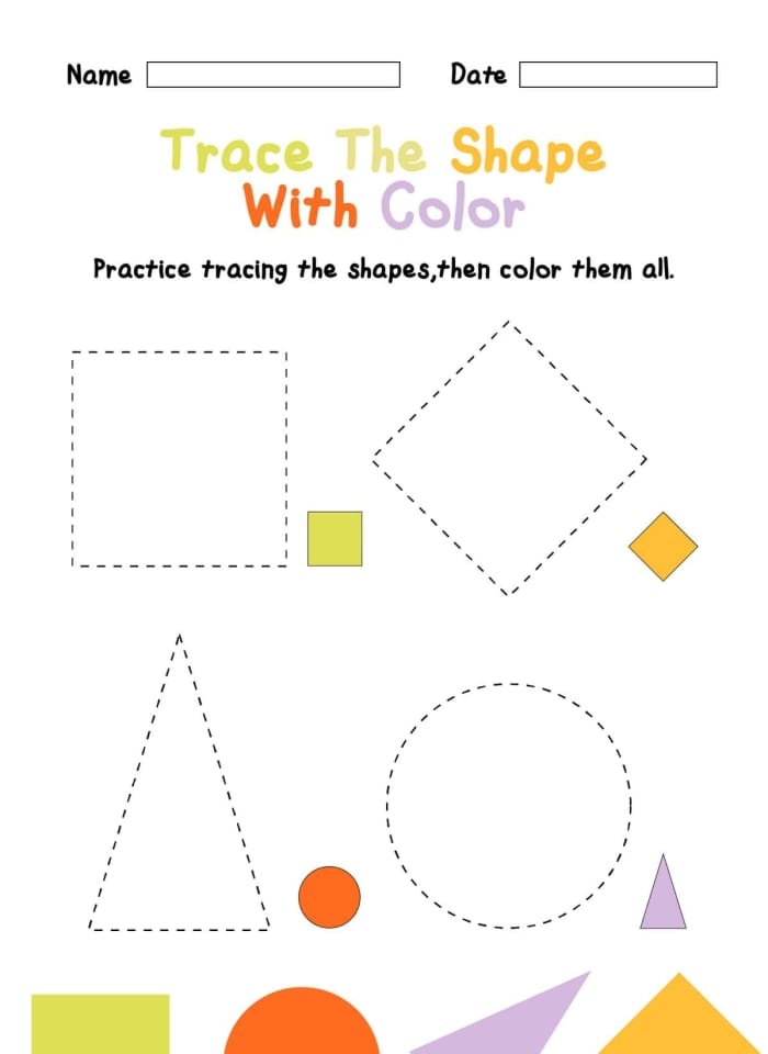 Pre-K student tracing various geometric shapes and coloring them in on a printable worksheet