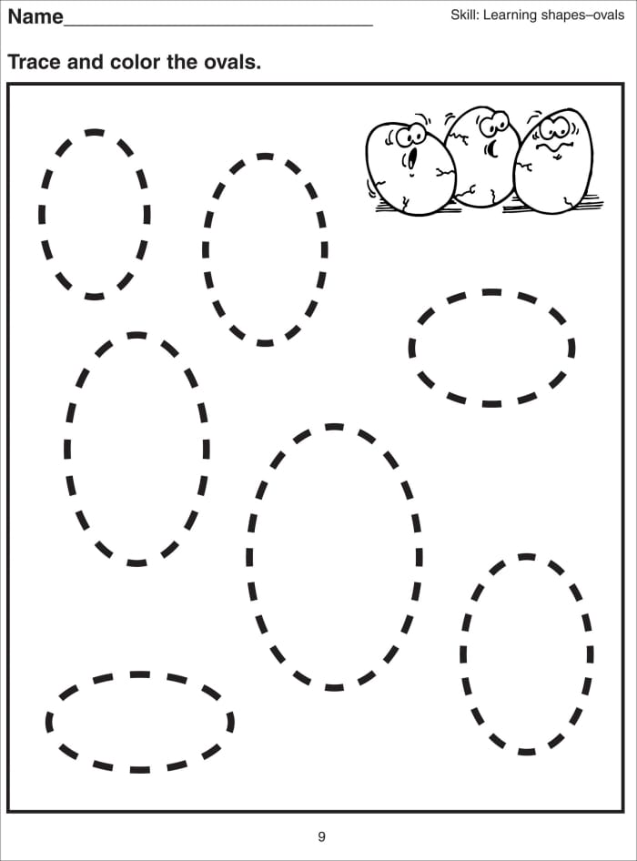 Pre-K student worksheet featuring dotted outlines of circles, squares, triangles, and rectangles for tracing practice