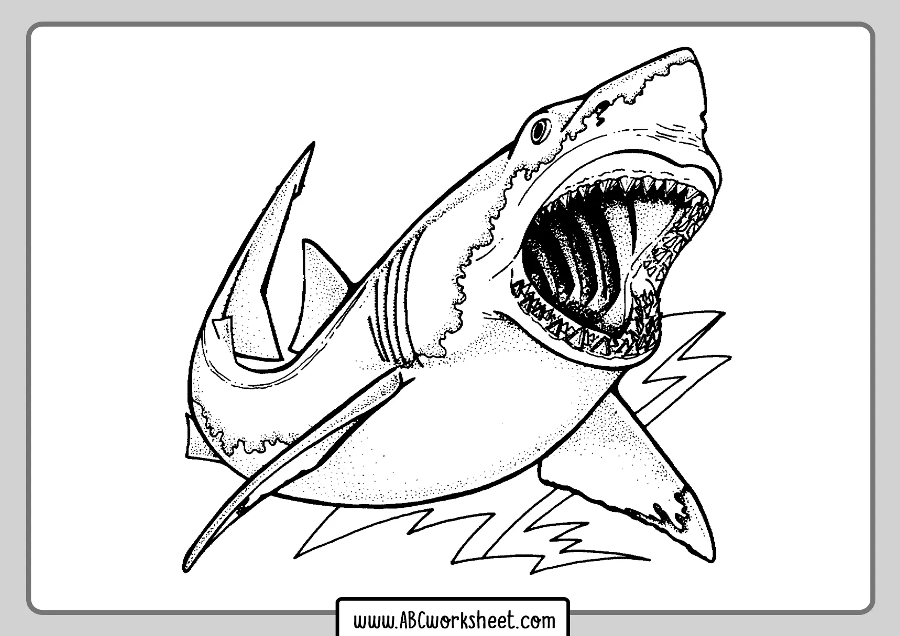 Coloring page of a great white shark for kids to enhance their undersea life knowledge
