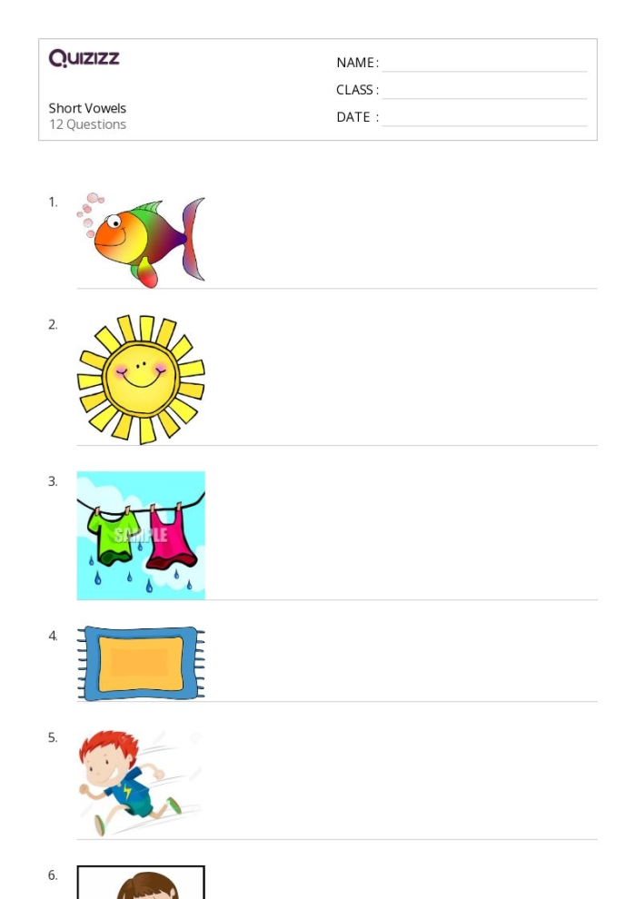 Sort the Short Vowels Practice Sheet 10 for Pre-K Learners Children sorting picture cards with short vowel sounds into labeled groups on a colorful worksheet activity