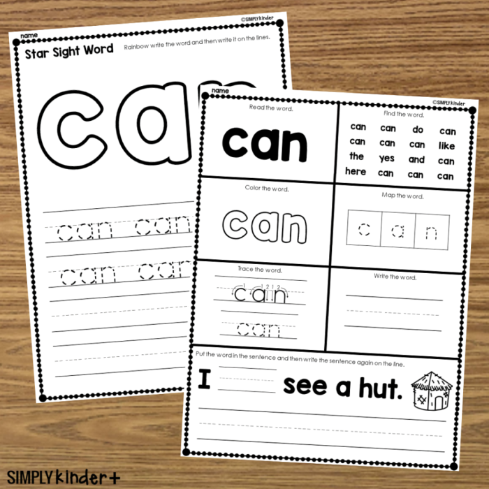 Pre-K student decorating the word Can on a creative sight word worksheet