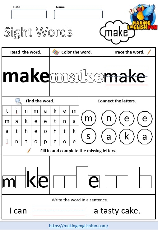 Pre-K student working on a creative Spruce Up the Sight Word activity worksheet