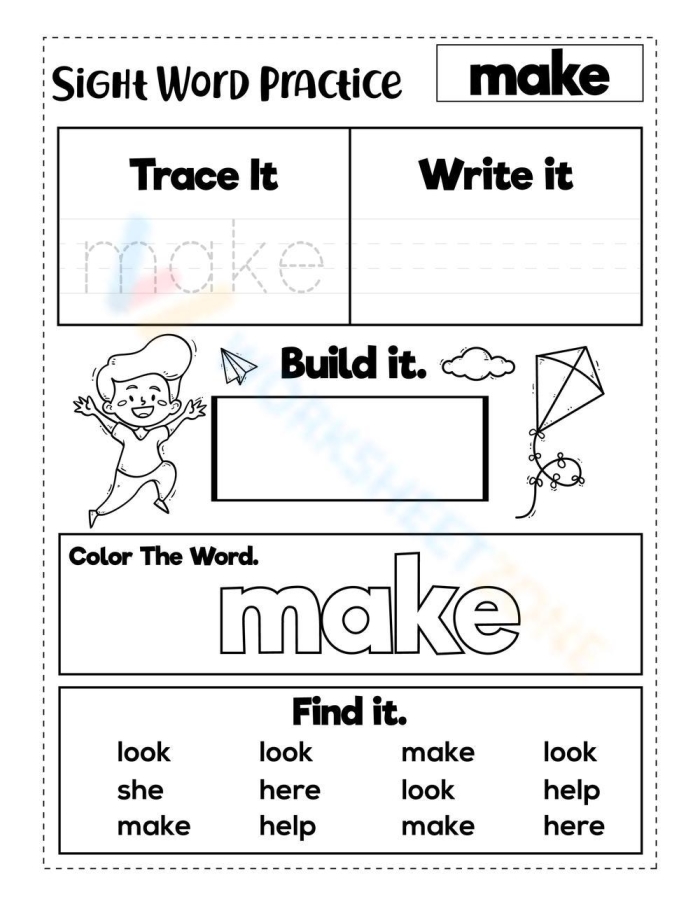 Fun printable worksheet for Pre-K students to learn sight words through creative art activities