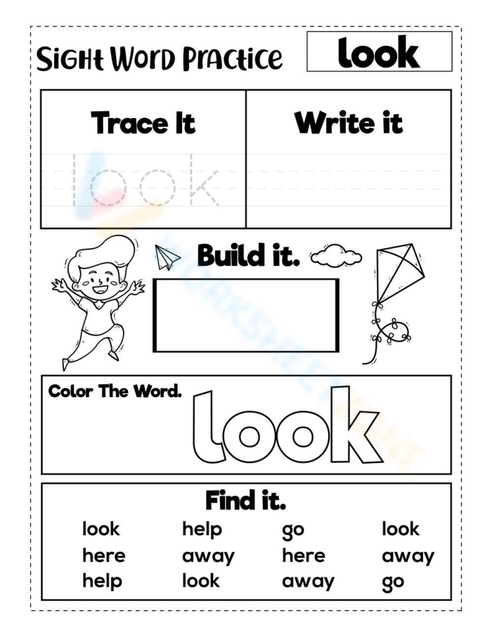 Pre-K student coloring and decorating the sight word look with creative animal features on a classroom worksheet