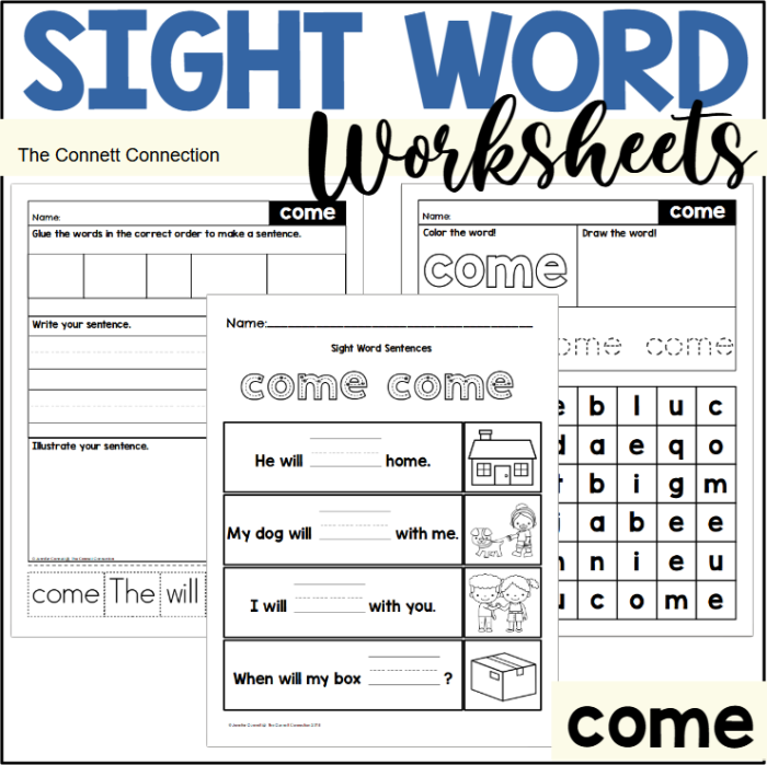 Pre-K student working on a life science themed sight word worksheet for the word Come