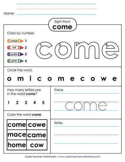 Worksheet for engaging children with the sight word "Come" through fun activities
