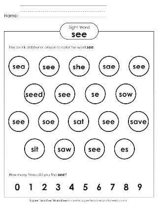 Worksheet for preschoolers to create a sight word creature using the word "see