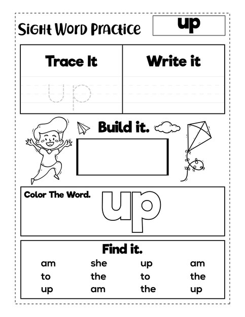 Pre-K student coloring the sight word find transformed into a playful creature for worksheet 8