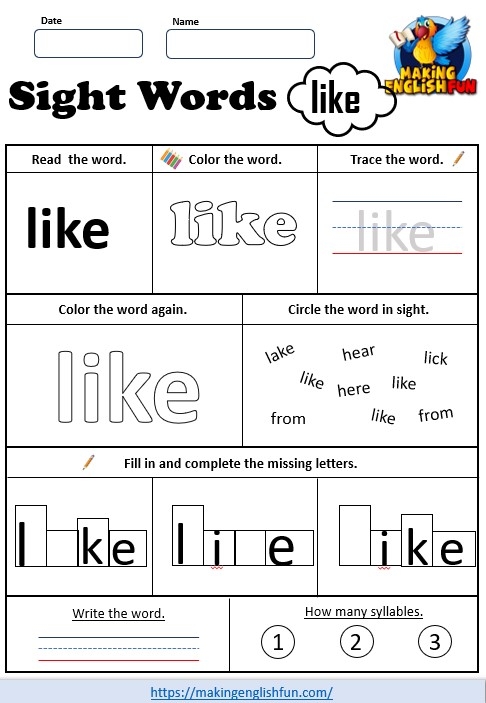 Pre-K sight word flash cards featuring words from here to like for reading practice