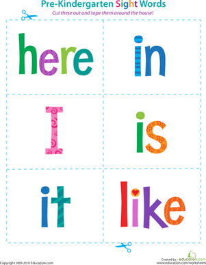 Pre-Kindergarten sight word flash cards for learning to read words from here to like