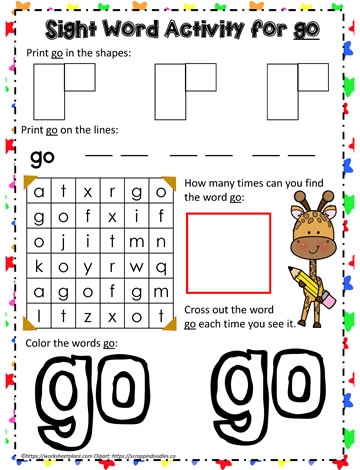 Printable worksheet featuring engaging activities for teaching the sight word "Go" to Pre-K students