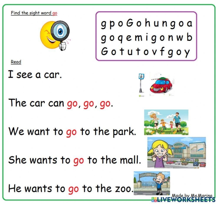 Worksheet featuring engaging activities for learning the sight word "Go" for Pre-K students