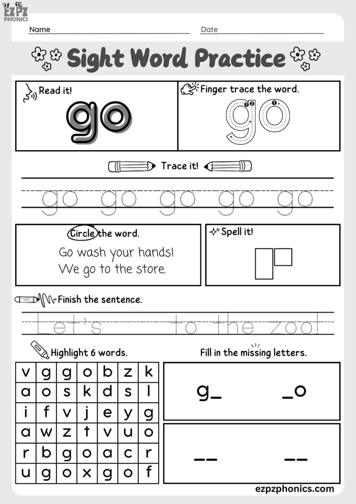 A colorful Pre-K worksheet focused on practicing the sight word Go through engaging activities