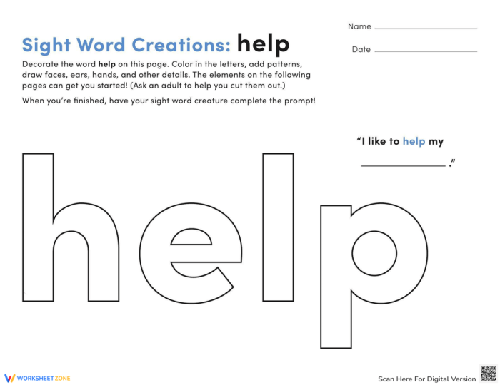 Children creatively decorating the sight word "help" with art supplies and cut-out elements