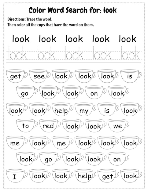 Colorful worksheet featuring the sight word "look" adorned with creative animal parts for preschool learning. Engaging art activity for Pre-K students to enhance their reading skills with fun.