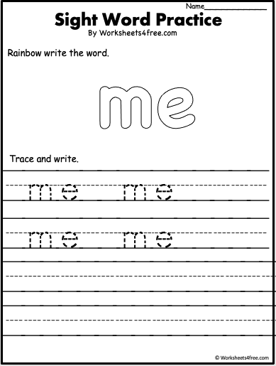 Fun early literacy worksheet featuring the sight word "me" with decoupage elements for Pre-K students