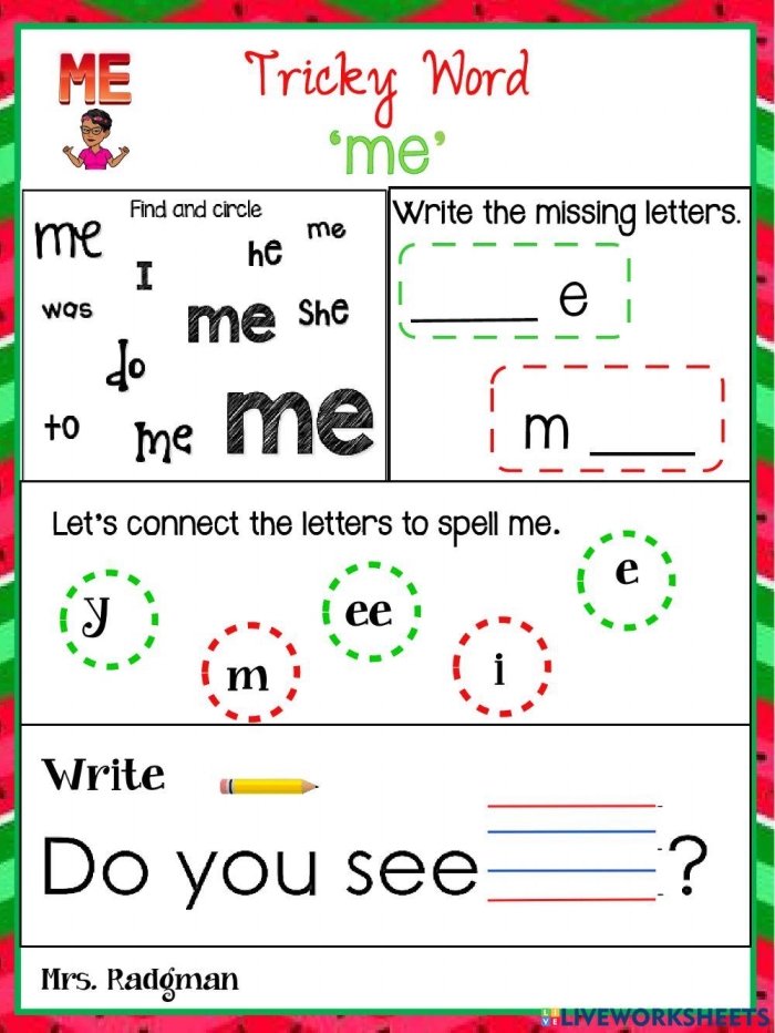 Colorful worksheet for early literacy featuring the sight word "me" with decoupage elements