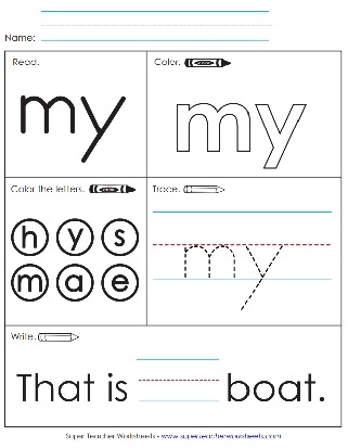 Preschool sight word practice worksheet focusing on the word my for early literacy development