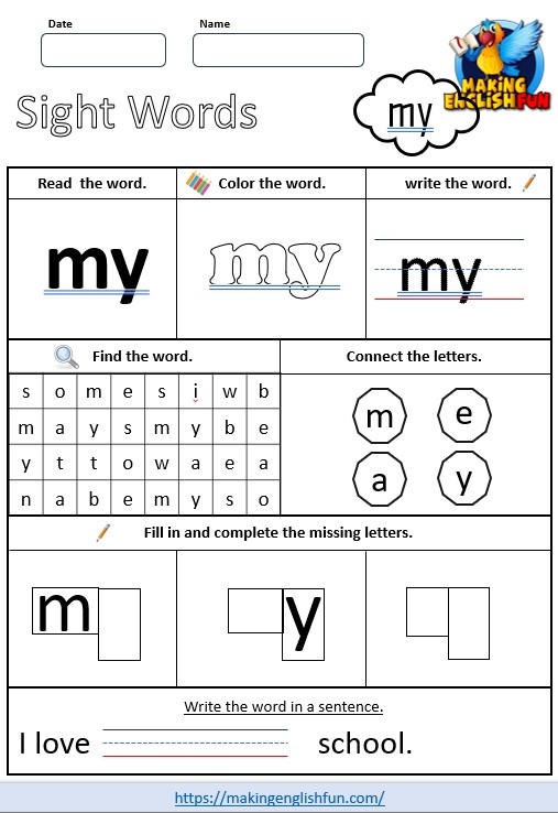 Pre-K student worksheet focusing on the sight word my for early reading practice 17