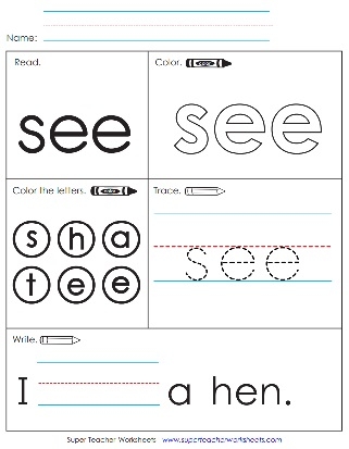 Pre-K student working on a creative sight word creature worksheet for the word see