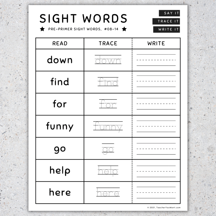 Pre-Kindergarten sight word flash cards for early readers featuring the words a through are