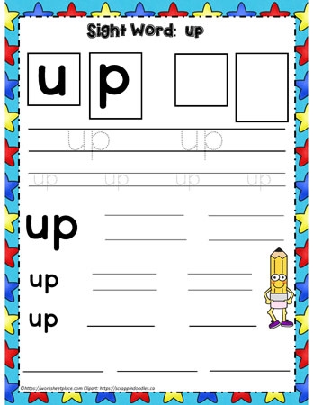 Spruce Up the Sight Word Up worksheet for Pre-K students featuring letter tracing activities