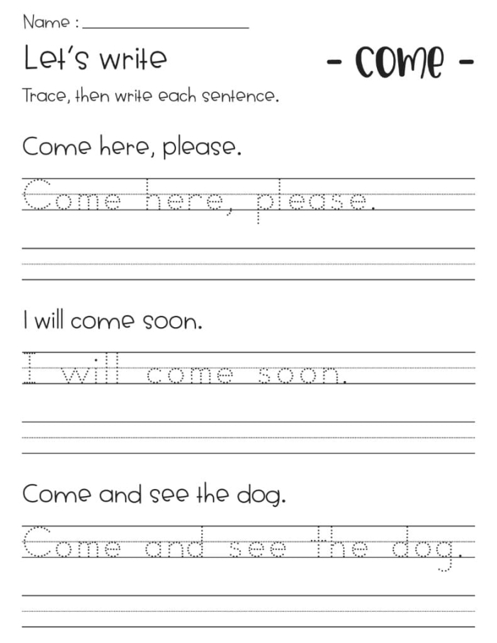 Pre-K student working on a printable sight word worksheet featuring the word Come for a life science lesson