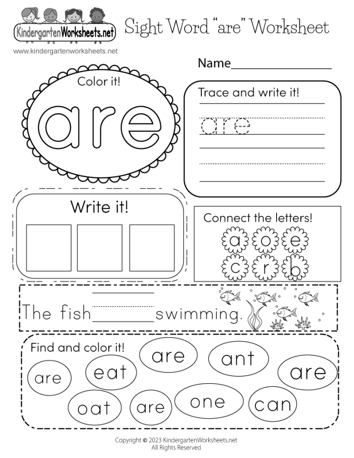 Pre-Kindergarten sight words flashcards featuring words from A to Are for young readers