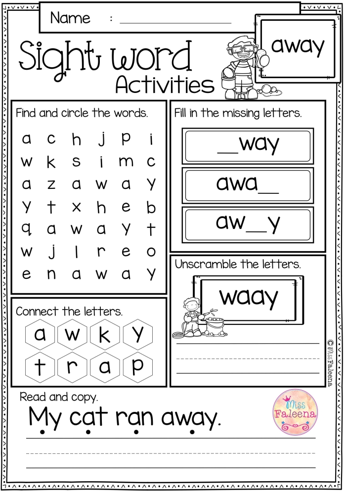 Pre-K sight words word search worksheet featuring words starting with A