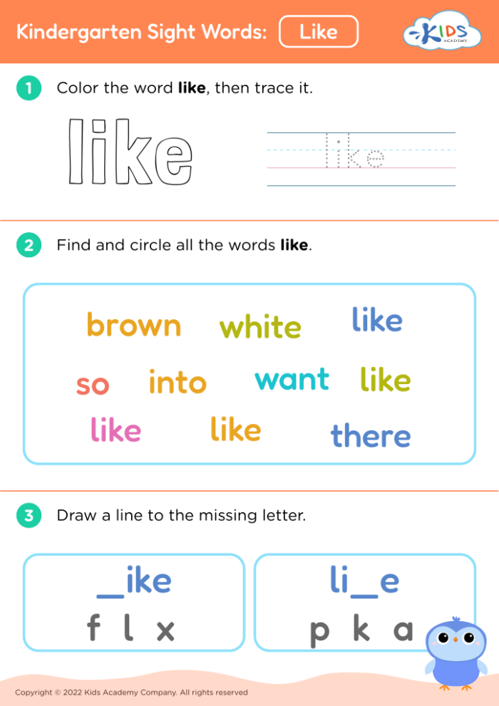 Pre-Kindergarten sight word flash cards featuring words from here to like for number 14