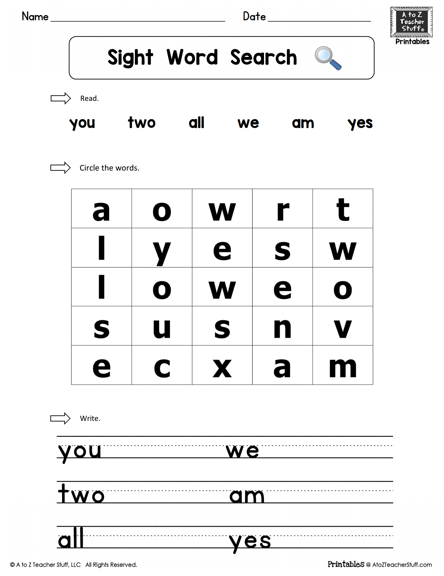 Pre-K sight word search worksheet featuring words that start with the letter A