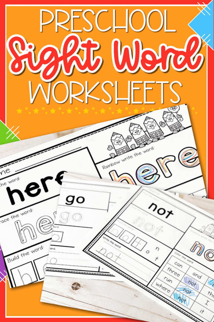 Printable Pre-Kindergarten sight word flash cards for words ranging from here to like