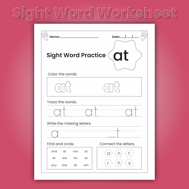 Pre-Kindergarten sight word flash cards worksheet featuring the words here to like for early readers