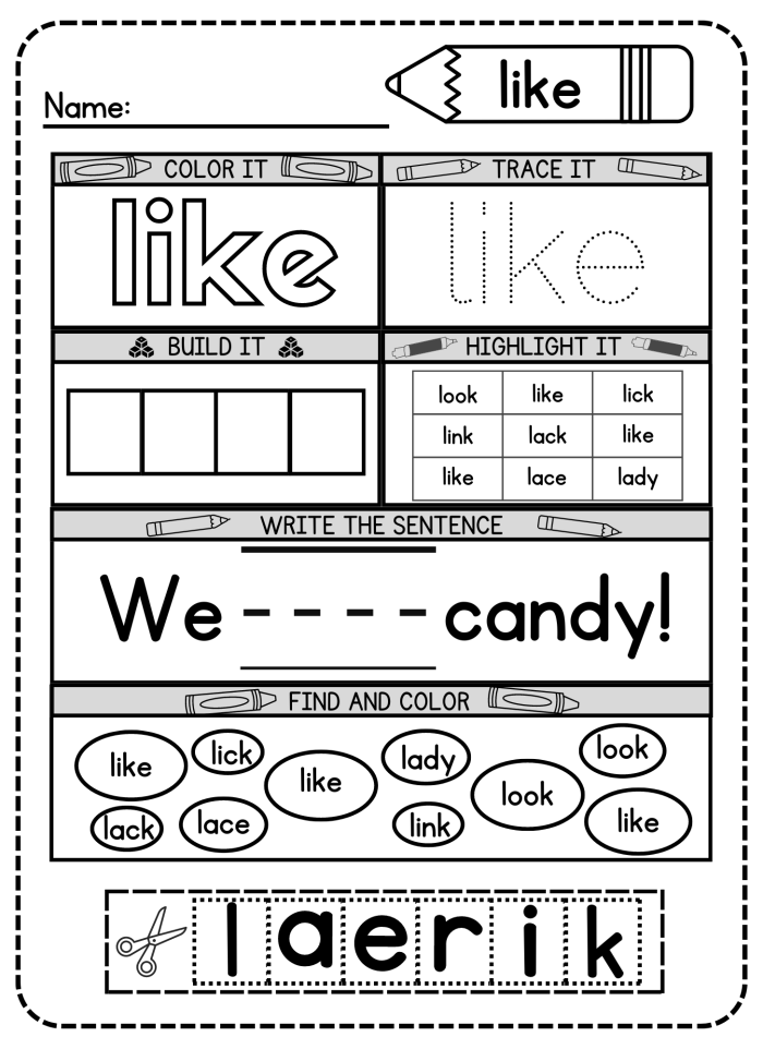 Pre-Kindergarten sight word flash cards featuring words from here to like for number 22 worksheet