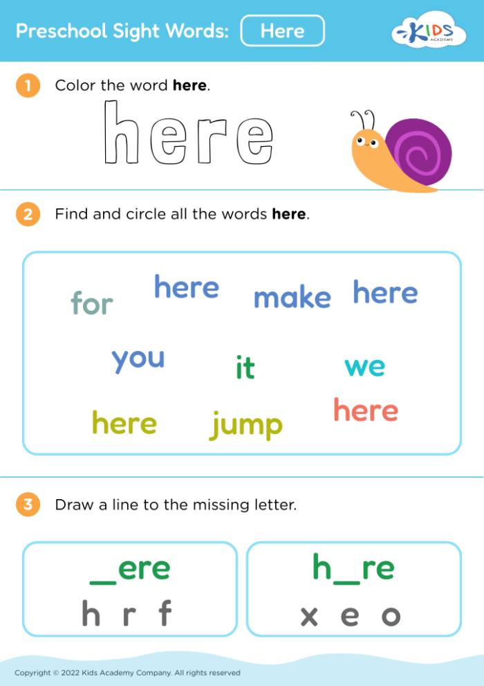 Printable pre-k worksheet featuring sight words from here to like for early reading practice