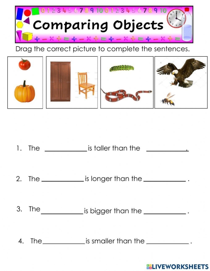 A colorful worksheet for Pre-K children featuring comparisons of height, age, and weight between two objects. Comparing Two Things worksheet for young learners in geometry.