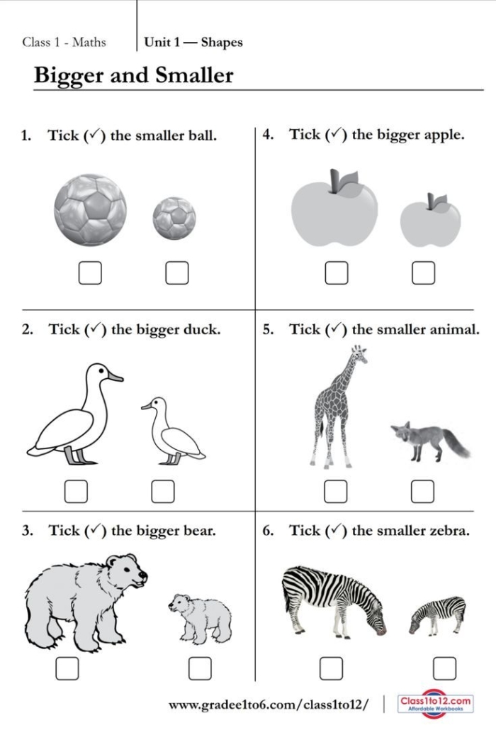 Pre-K worksheet where children compare the size of various objects to determine which is bigger