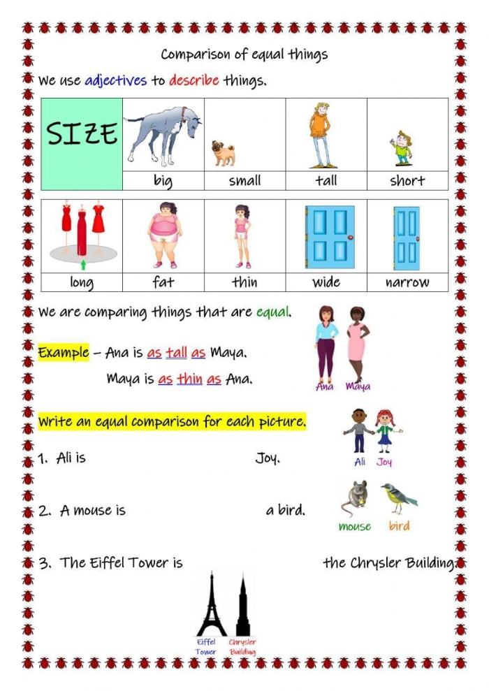 Worksheet for comparing two objects in terms of height, age, or weight suitable for Pre-K geometry. Engaging worksheet image for helping children learn to compare two things.