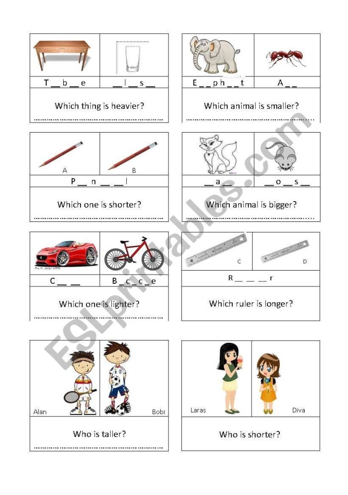 Children's worksheet for comparing height, age, and weight of objects in images