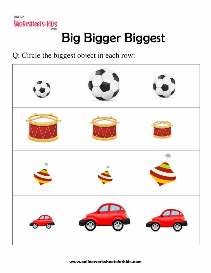 Pre-K worksheet where children compare the sizes of different objects to determine which is bigger