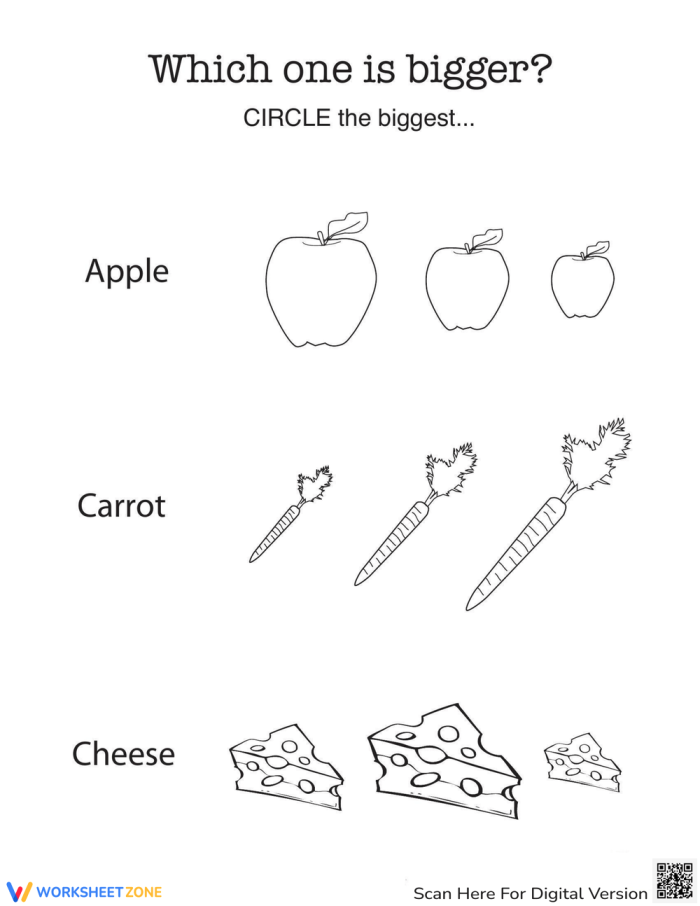 Pre-K worksheet where children compare the size of different objects to answer the question Which is Bigger