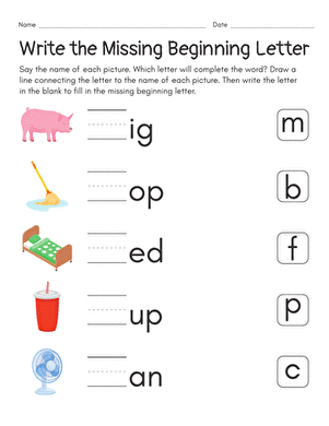 Worksheet featuring celestial words with missing first letters for kids to complete