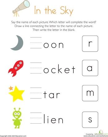 A student filling in the initial missing letters for sky-themed vocabulary words on a Pre-K worksheet