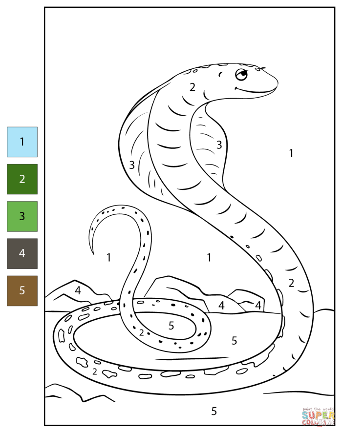 Pre-K student worksheet featuring a row of snakes with geometric patterns to color by code
